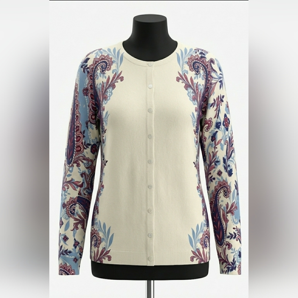 Talbots Boho Paisley Medium Knit Multicolor Artisy Grandma Cardigan New